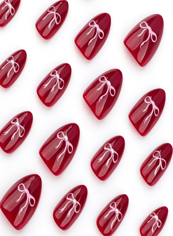 OSTTMA 24Pcs Cute Bow Press on Nails Almond Medium Fake Nails Wine Red Bow Nail Art Designs 3D Pearl Acrylic False Nail Full Cover Shiny Glue on Nails for Women Manicure Accessories - Image 2